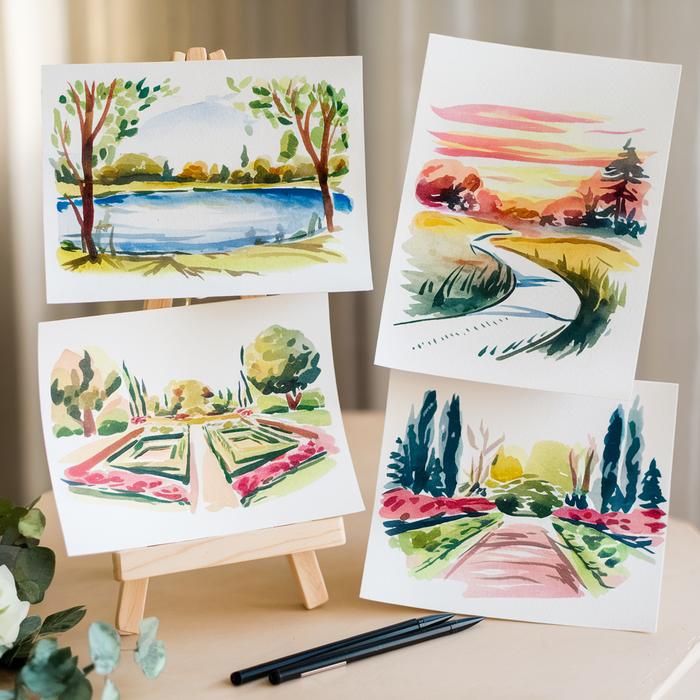 Three watercolor landscapes showcasing composition techniques