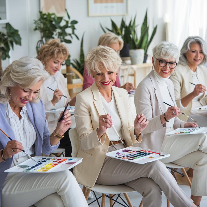 Mature women enjoying a social watercolor painting class