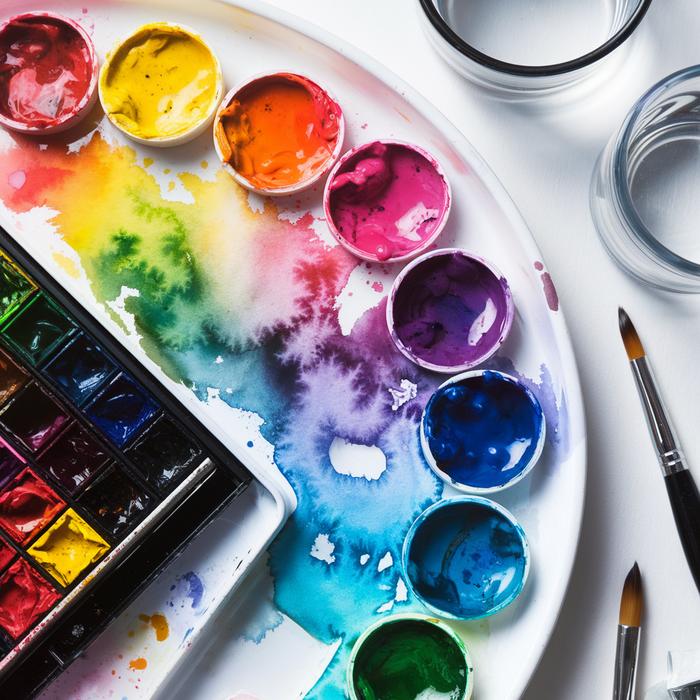 Vibrant watercolor pigments blending on artist's palette