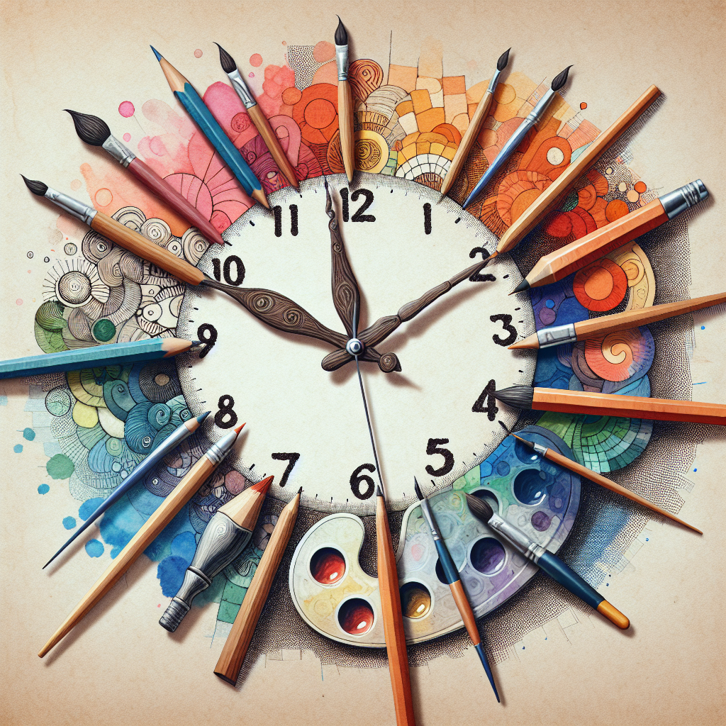 Whimsical clock made of art supplies