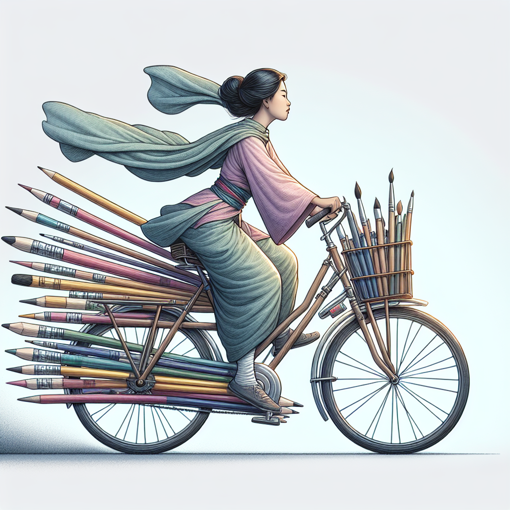 Whimsical drawing of a person on a bicycle made of pencils and paintbrushes