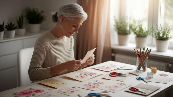 Mature woman crafting floral greeting cards at home
