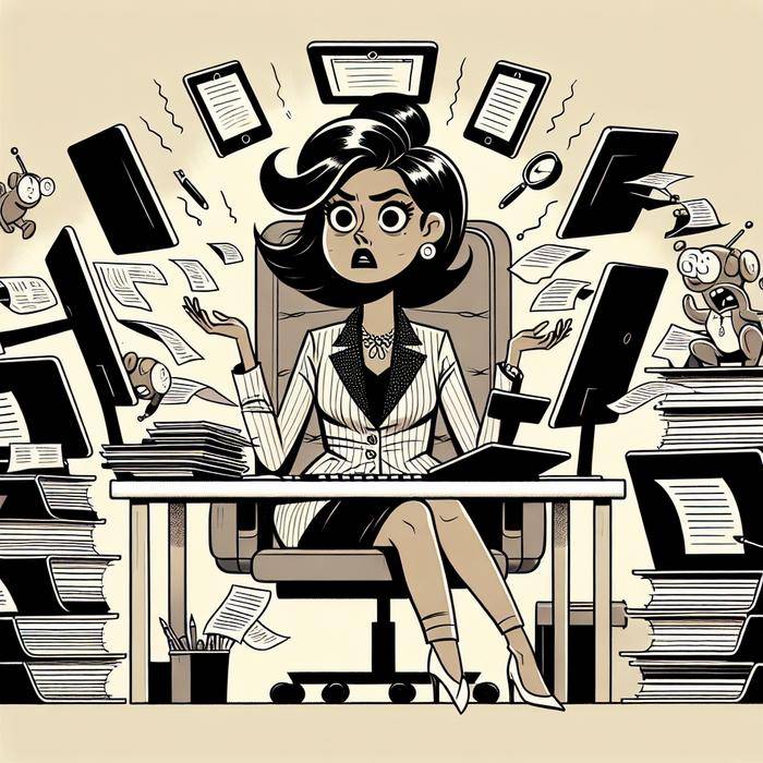 Stressed woman at desk surrounded by technology