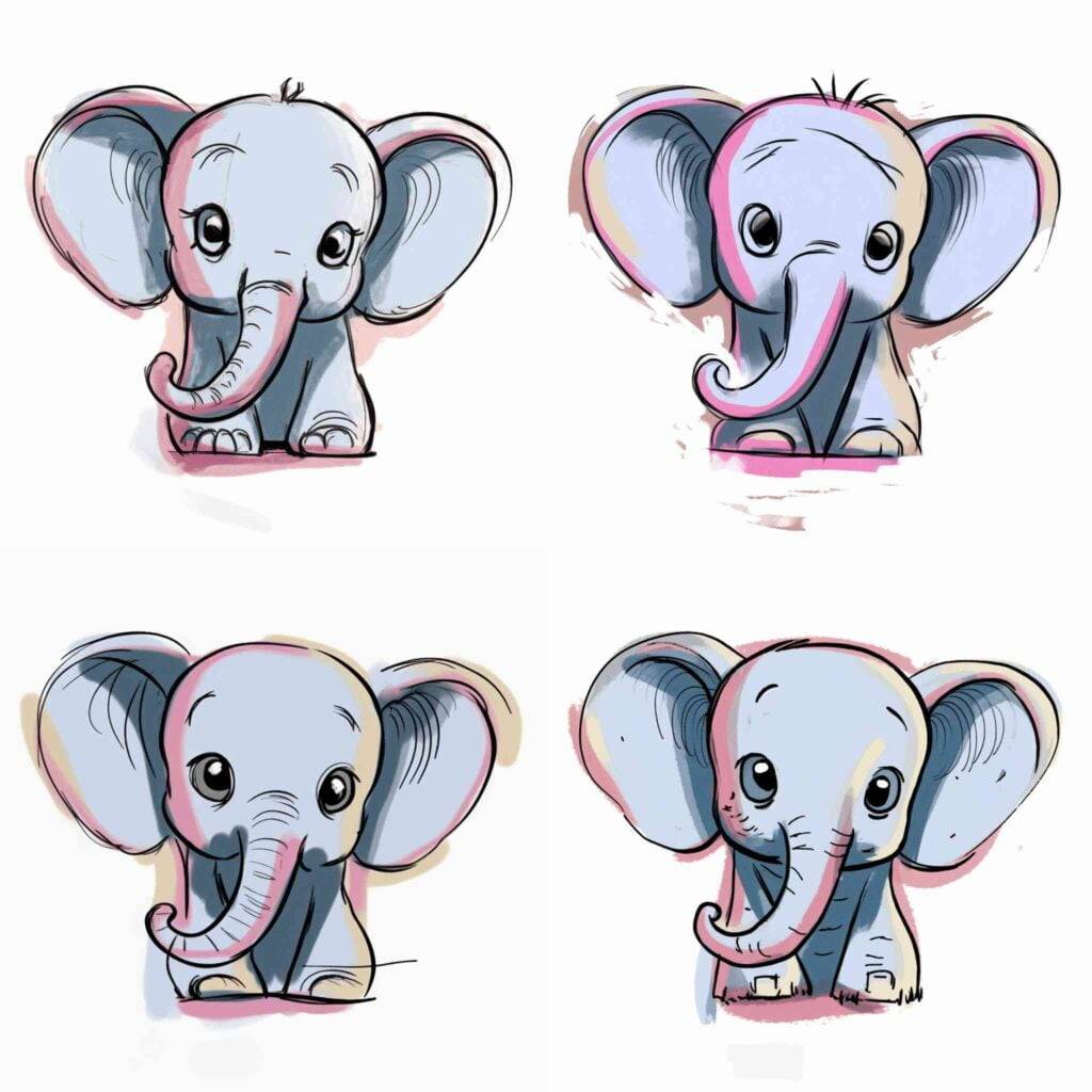 Adorable baby elephant blind contour sketch