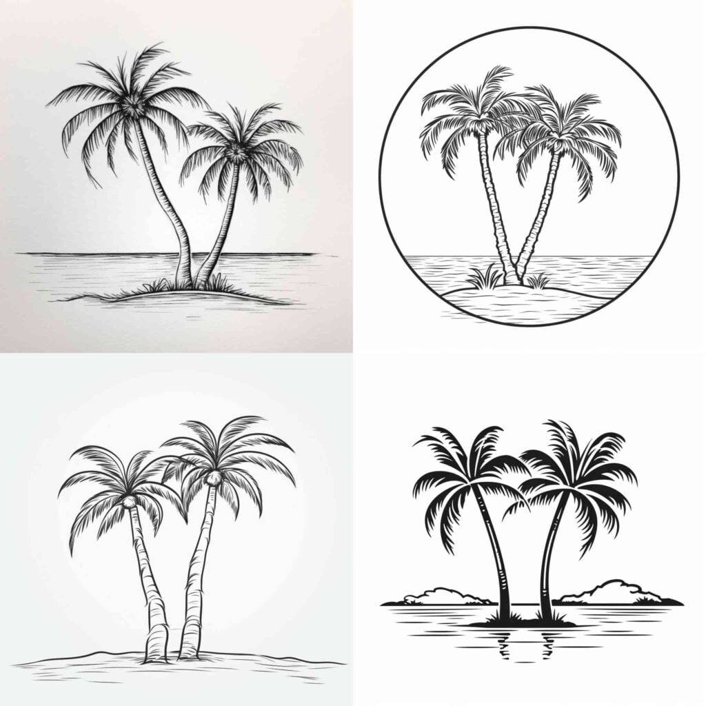 Minimalistic line drawing of two palm trees in front of the ocean