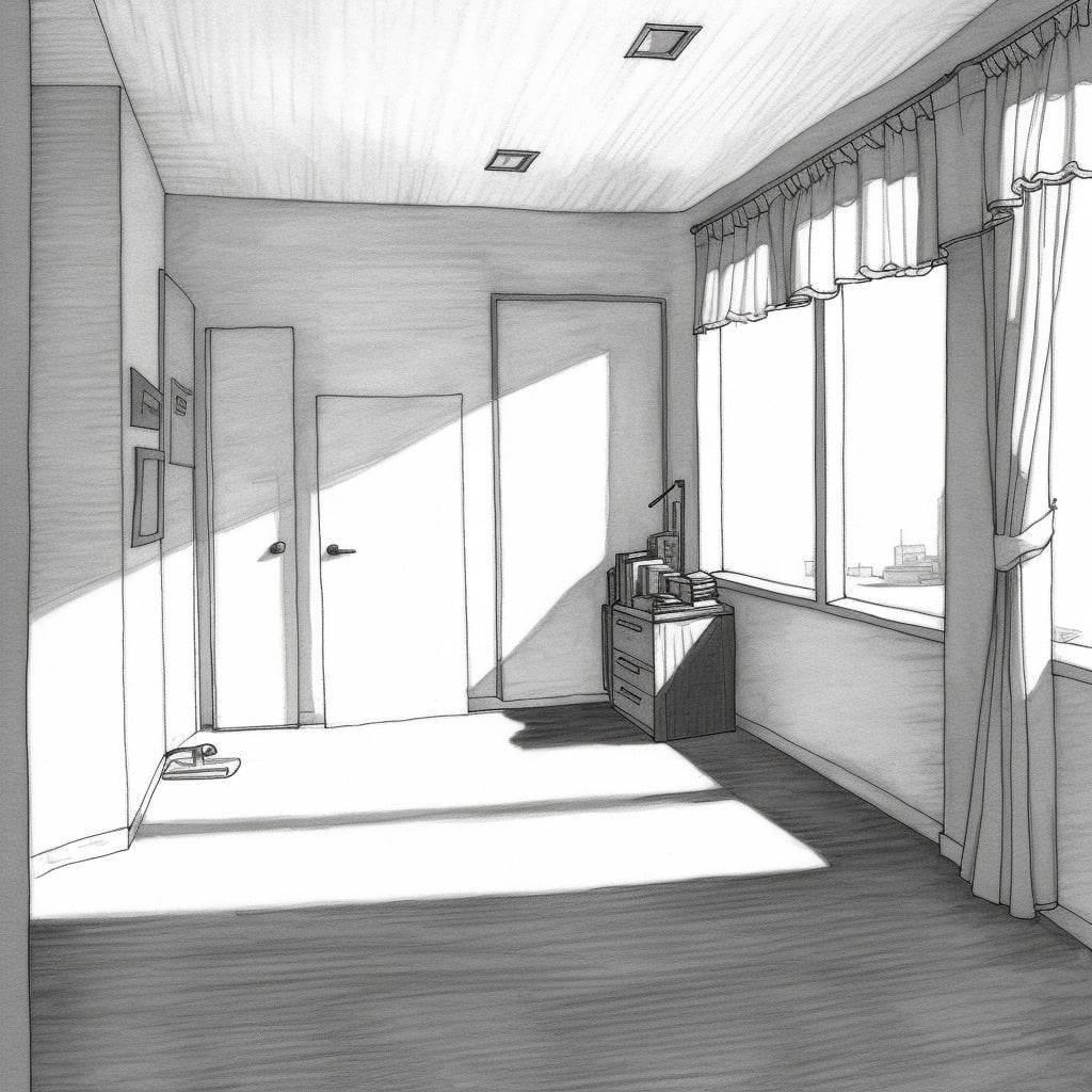 A simple line drawing of a small indoor scene with sunlight shining in.