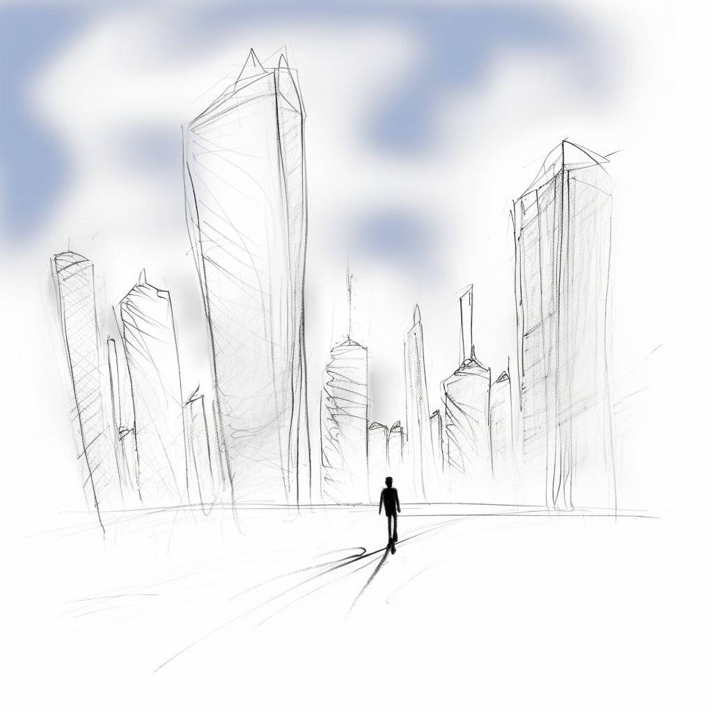 A sketch of a person walking towards skyscrapers