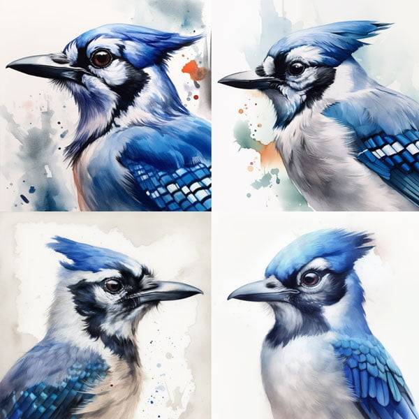 Watercolour bird sketch of a vibrant blue jay, exuding an assertive attitude.