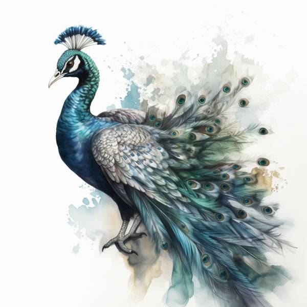 A majestic peacock with fanned out iridescent plumage, showcasing a kaleidoscope of shimmering colors, perfect for watercolour bird sketches.
