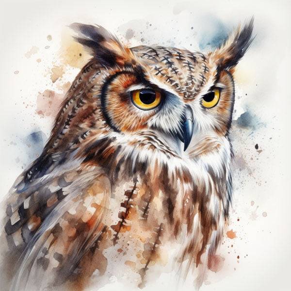 Watercolor painting of an owl, part of the captivating world of watercolour bird sketches, evoking an aura of enigma and lunar enchantment.