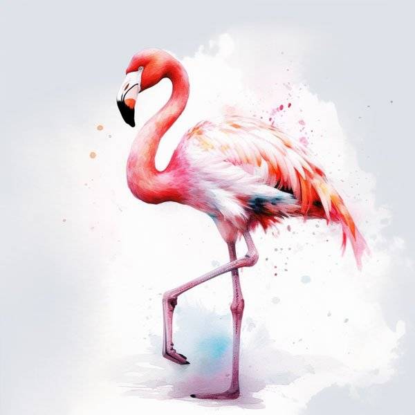 Watercolour bird sketch of a majestic flamingo standing on one leg, showcasing its delicate legs, dazzling pink plumage, and graceful pose against a serene watery landscape.
