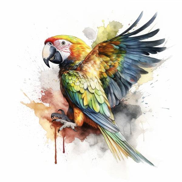 Watercolour bird sketch of a colorful parrot with vibrant feathers, wearing a mischievous smirk and twinkling eyes, showcasing its lively character.
