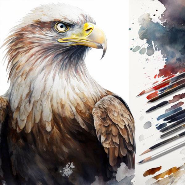 Majestic watercolor bird sketch of an eagle in vibrant, action-filled stance, poised to seize its next meal.