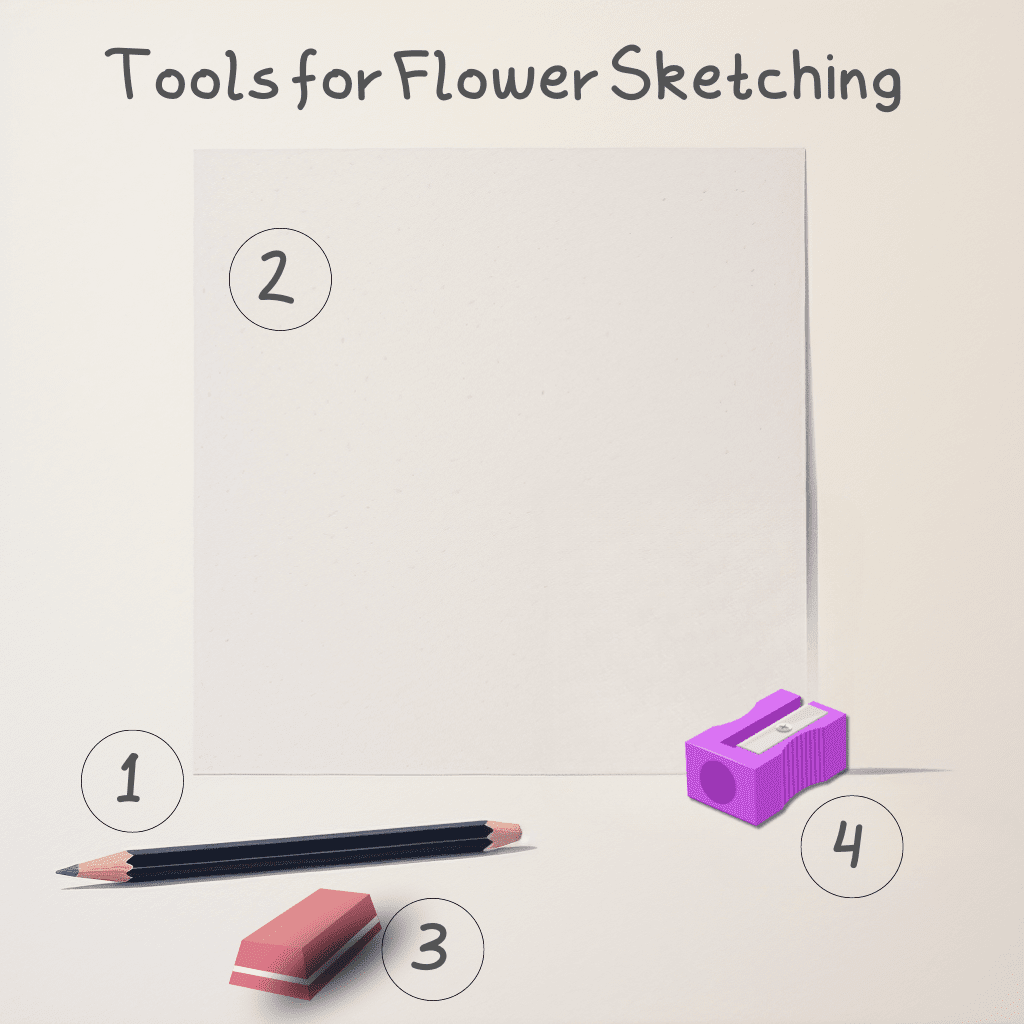Sketching Tools for Drawing a Flower: Pencil, Eraser, and Drawing Paper