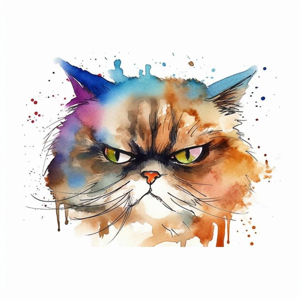 Vibrant watercolor of an angry cat face
