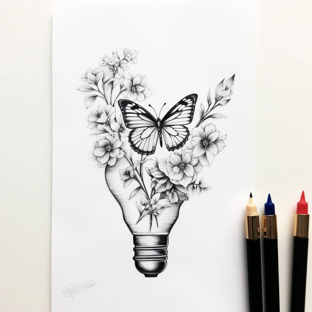 A basic light bulb with trees, flowers, and butterflies