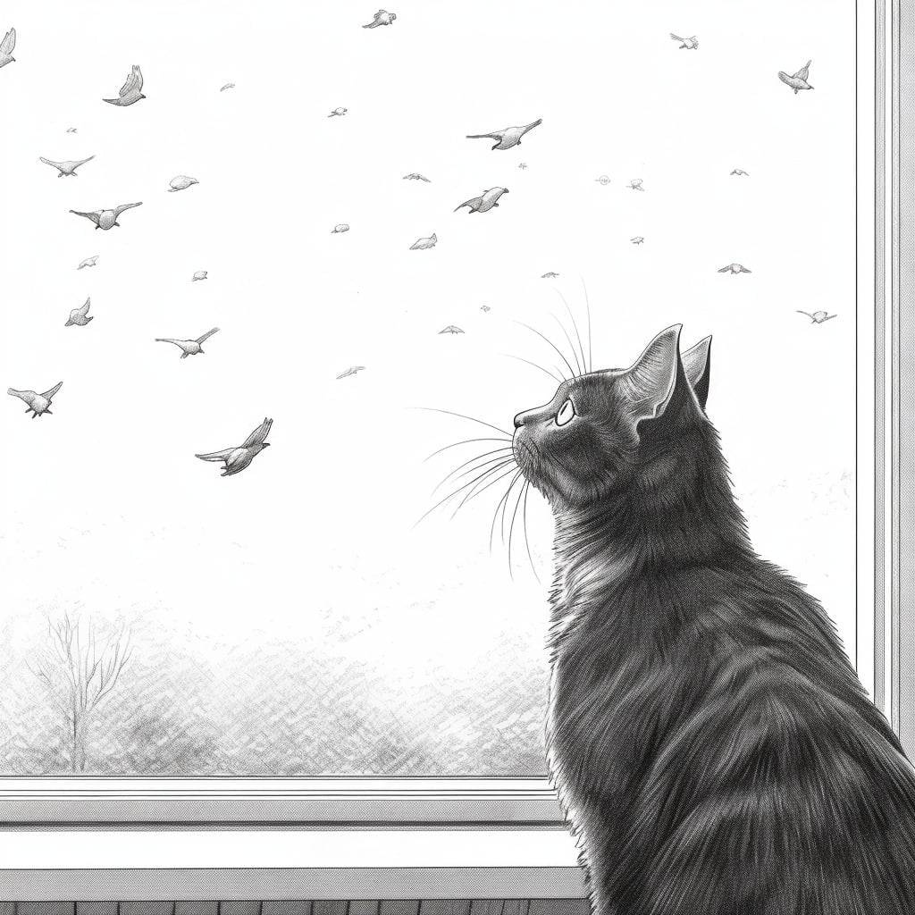 Detailed white contour drawing of a cat looking out the window, watching birds fly by