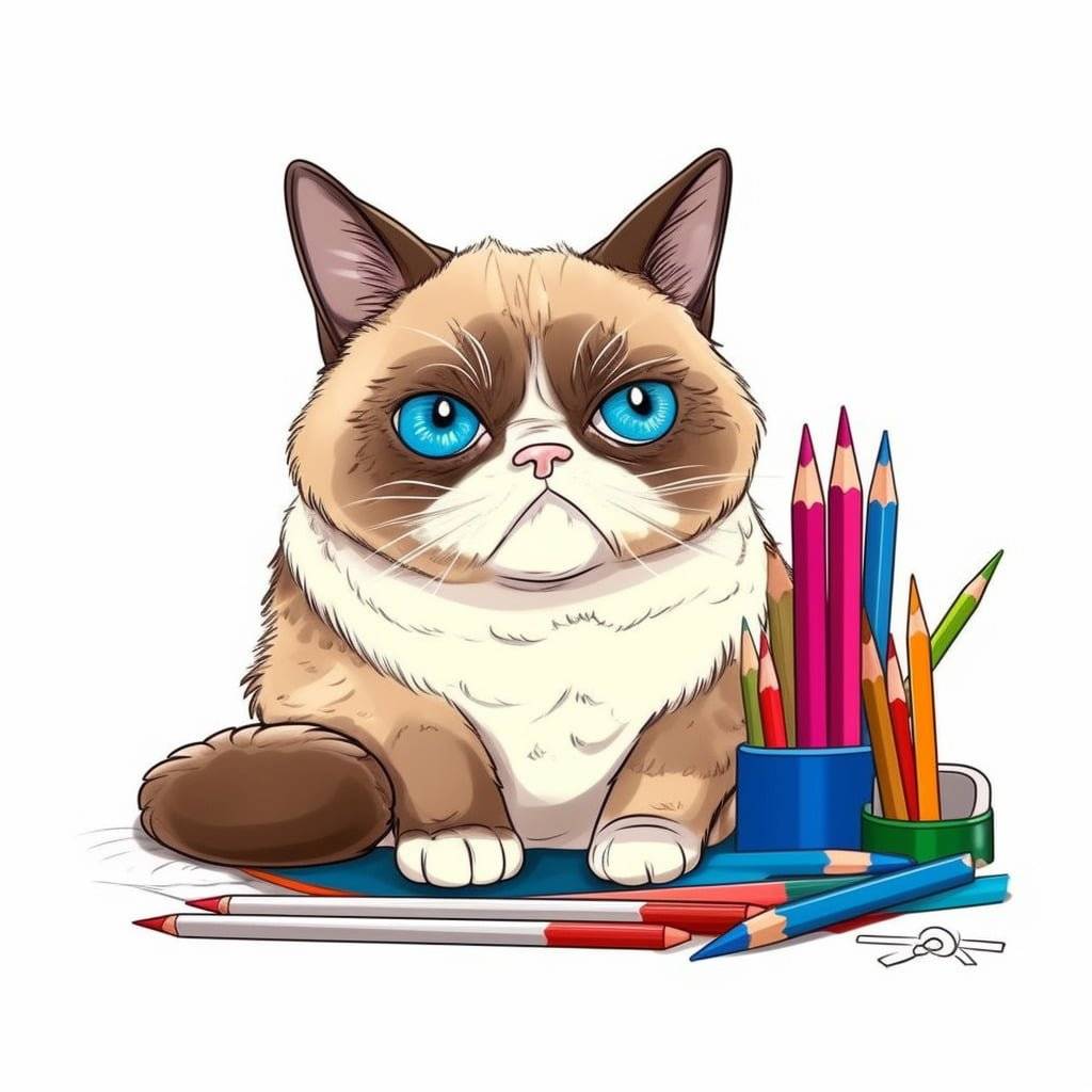 A vibrant cat drawing created with colored pencils, showcasing personality and skillful blending of colors