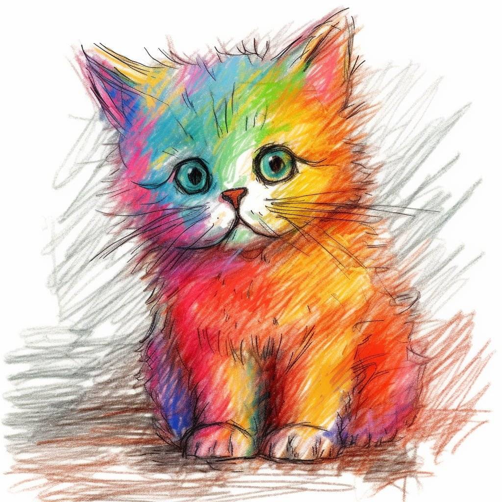 Adorable feline drawing in a kids' style using crayons