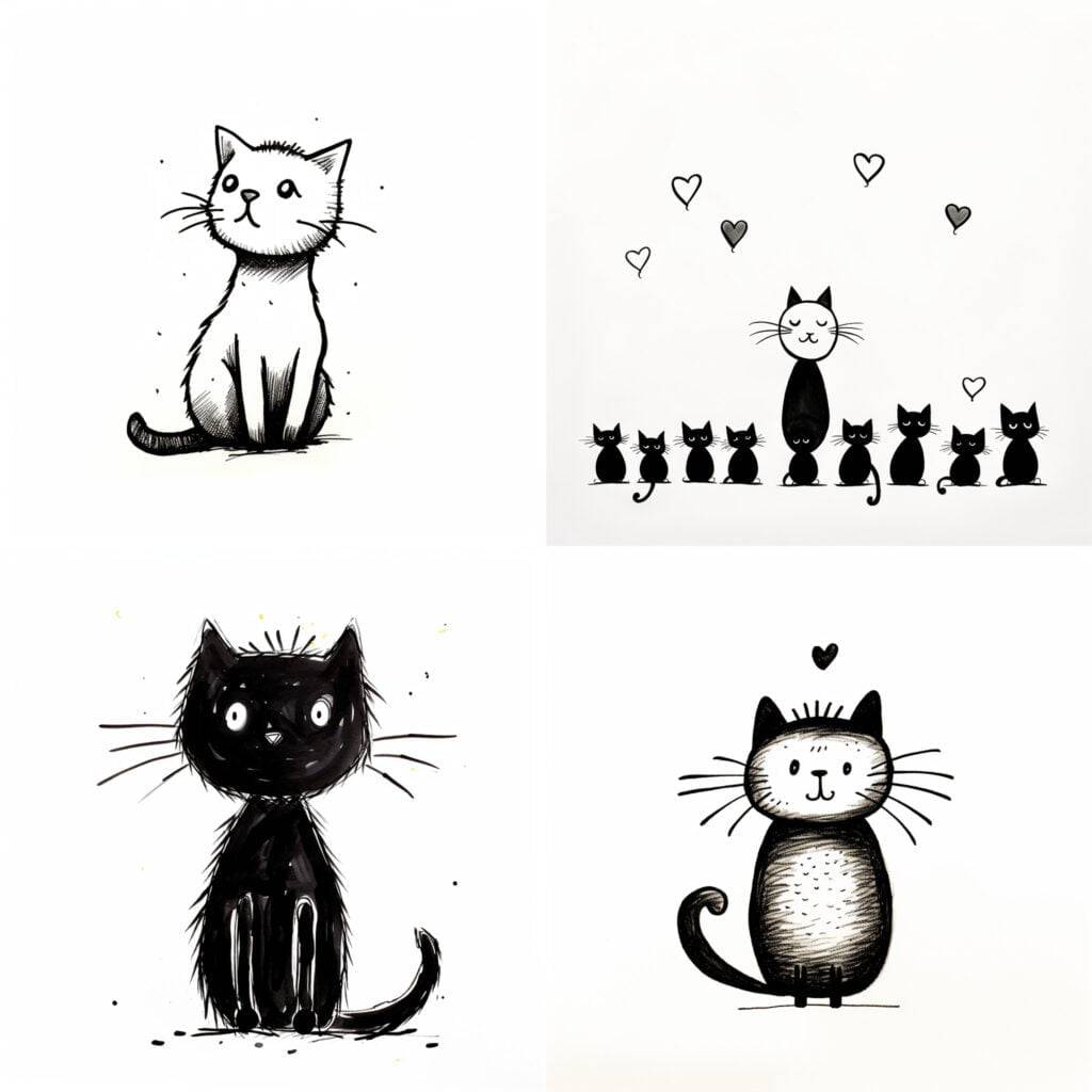 Cute, funny, minimalist cat sketch in ink drawing style. Easy how to draw a cat guide. 