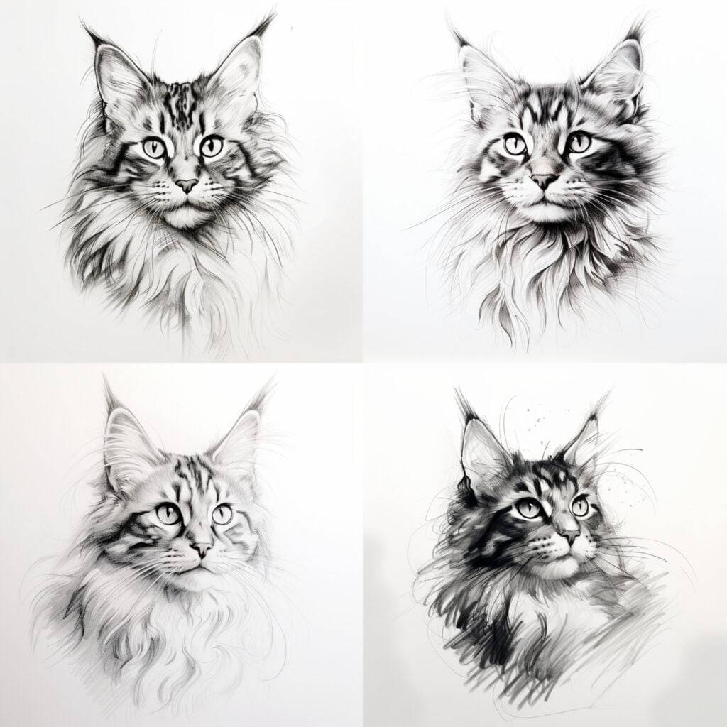 A playful and cute Maine Coon cat with minimalist design, emphasizing expressive eyes, fluffy fur, and tufted ears.
