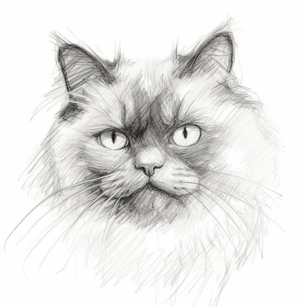 Close-up sketch of a Himalayan cat's head with round face, expressive eyes, and fluffy cheeks