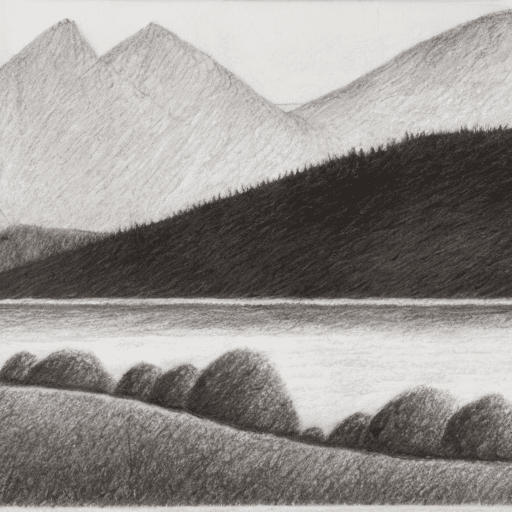 Minimalist landscape pencil sketch with serene mountains, trees, and river.