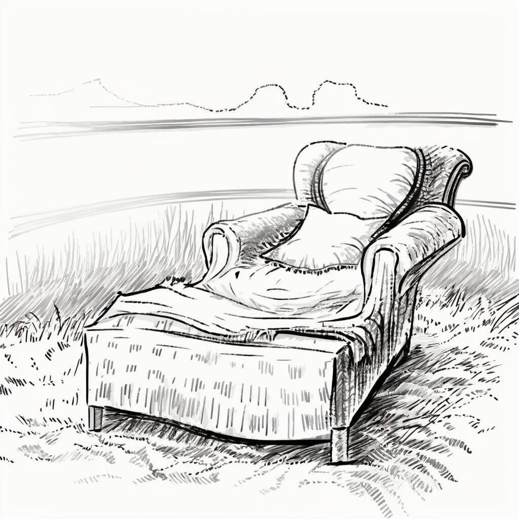 A velvet chaise lounge, draped with a shawl, overlooking a misty moor