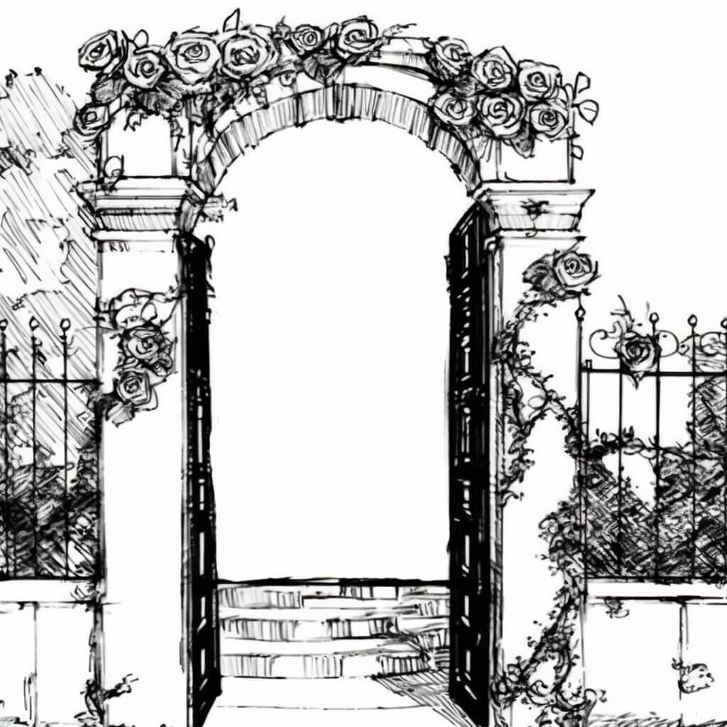 A wrought-iron gate, entwined with roses, leading to a secret courtyard