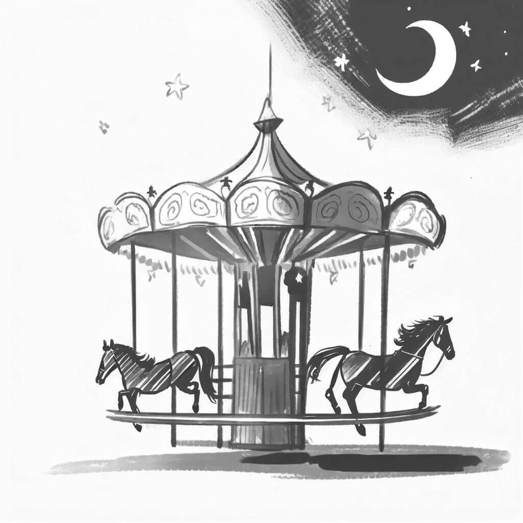 A carousel, its paint faded, waiting for riders under a crescent moon