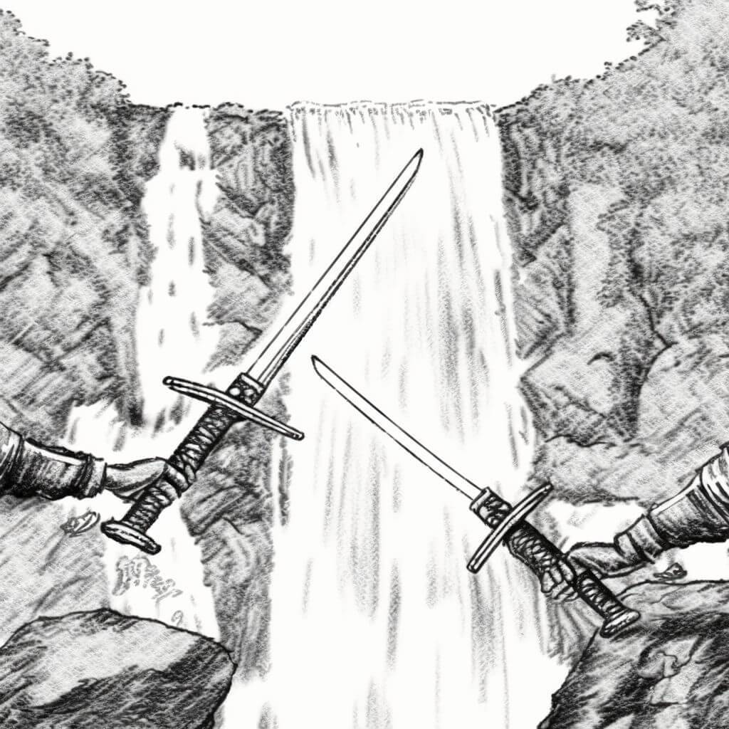 N27 A pair of dueling swords, crossed in unity, against a backdrop of waterfalls