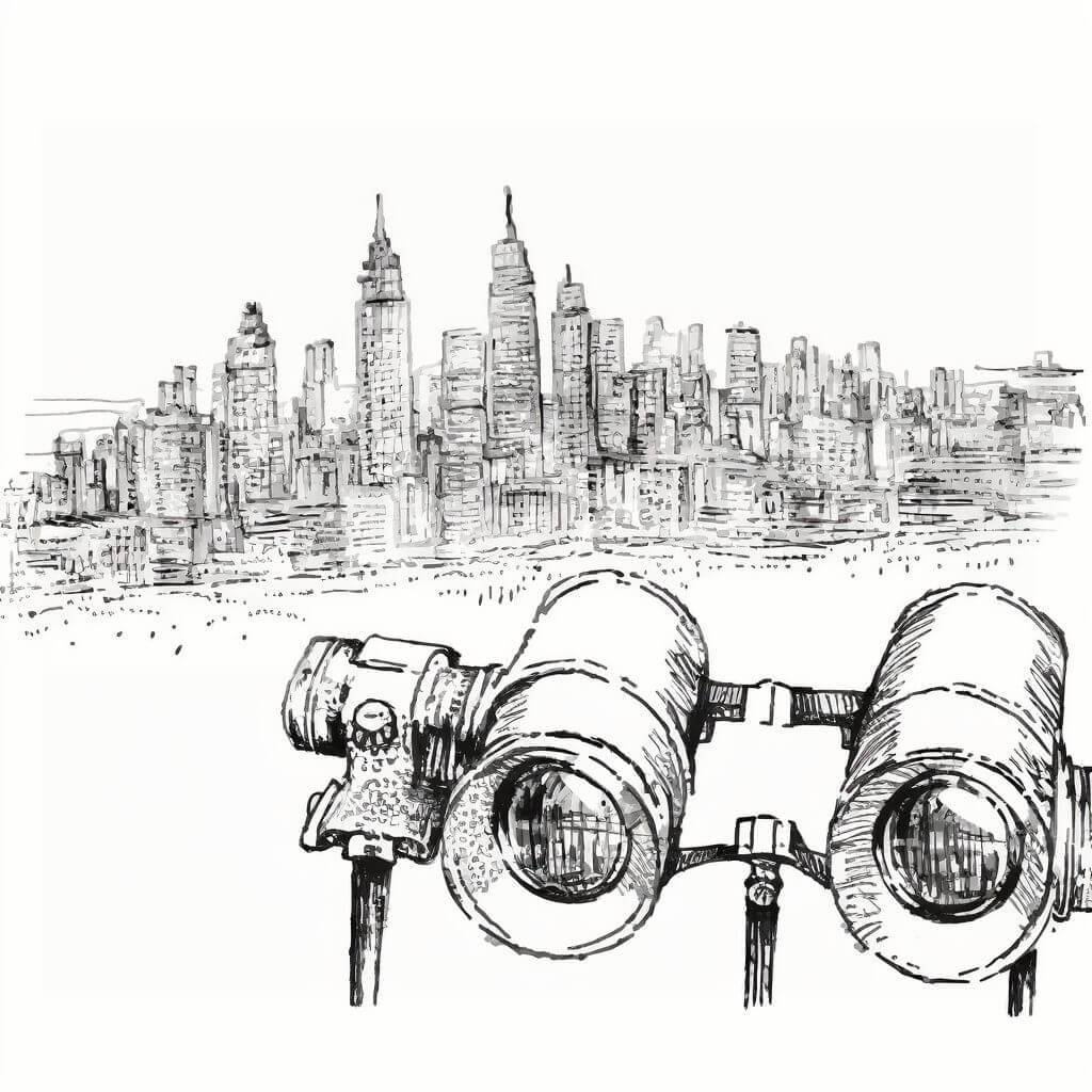 A pair of opera glasses, adorned with pearls, overlooking a city skyline