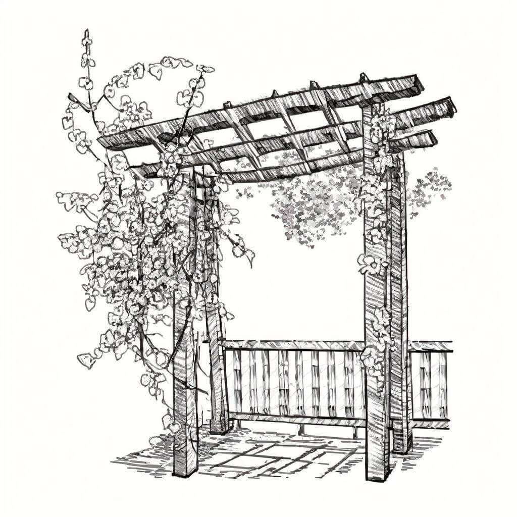  A wooden trellis, draped with jasmine, in a moonlit courtyard