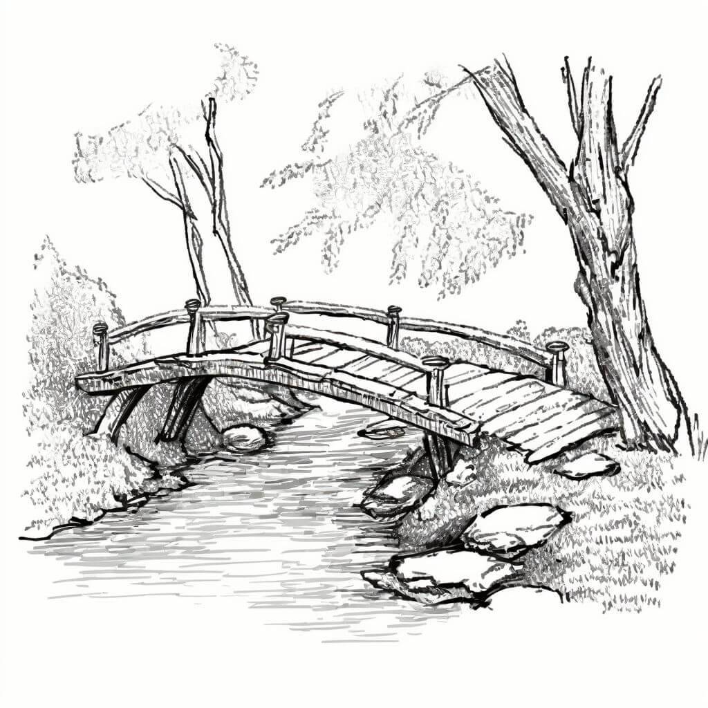 A wooden bridge, covered in moss, arching over a babbling brook in the forest