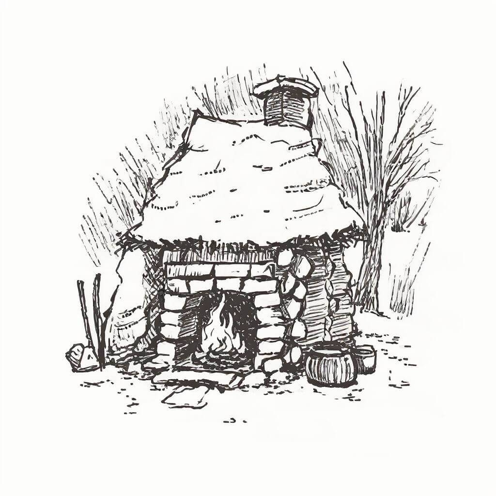 A clay oven, with bread baking, outside a cottage in a snowy woodland