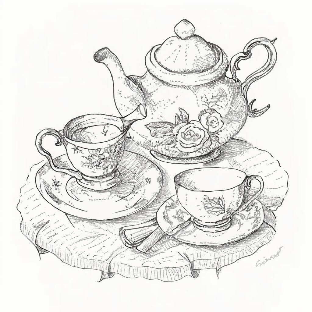 A porcelain tea set, steaming with stories, on a tablecloth of embroidered tales