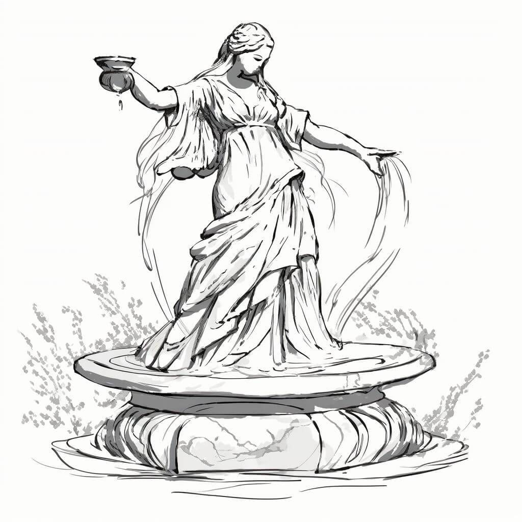 N63 A marble statue, of a goddess, with water flowing from her hands into a basin