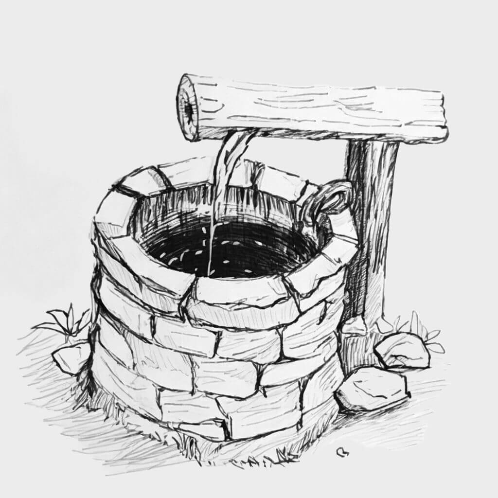 N97 A stone well, with a bucket drawing water, reflecting the clouds above