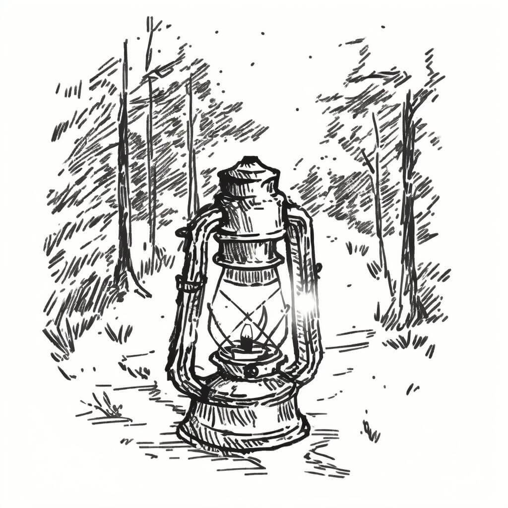 N98 A candlelit lantern, illuminating a path through a pine forest at twilight