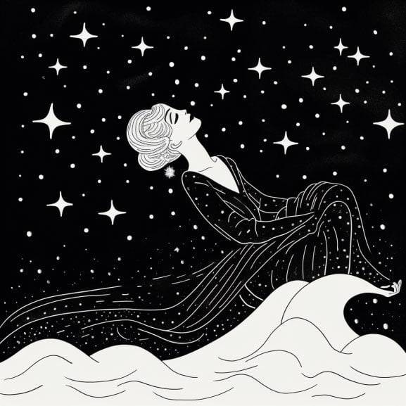 Tranquil self-care moment of a woman star-gazing, lying on a blanket in a serene nighttime landscape