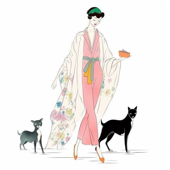 Self-care fashion fun with a woman confidently showcasing her pajamas in her living room, with pets acting as her adoring audience