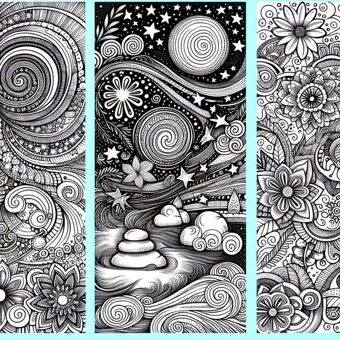 Collage of spiral galaxy, zen garden, and flower power doodle patterns