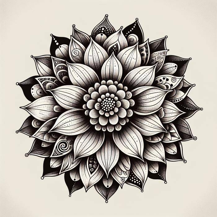 Intricate Doodle Dahlia with varied petal shapes and patterns