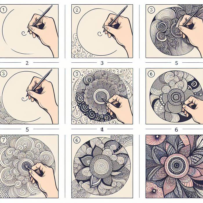 Step-by-step progression of a Zen Doodle from simple shape to complex pattern