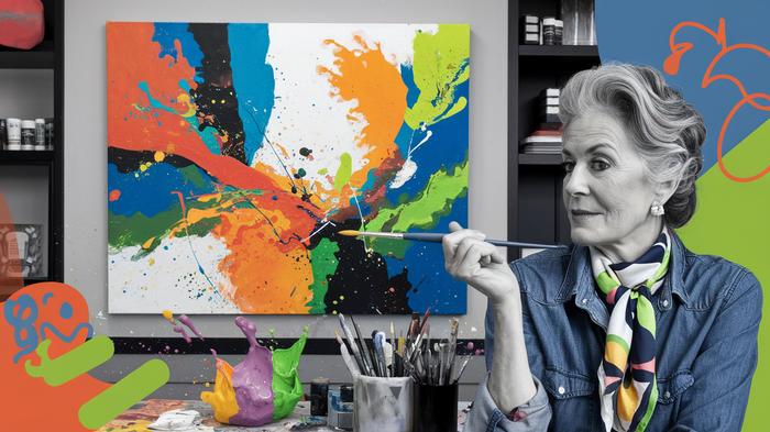 Elegant older woman creating colorful abstract art in a stylish studio