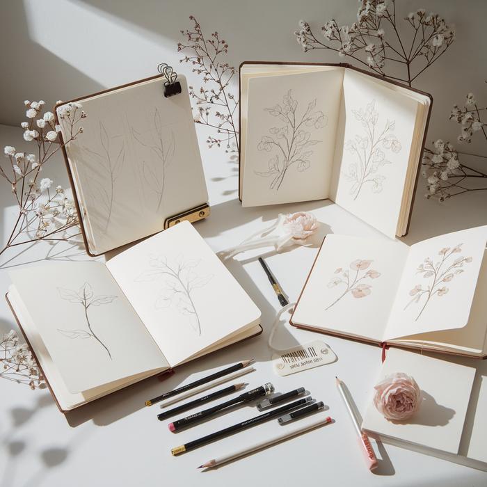 Display of botanical artworks and art supplies