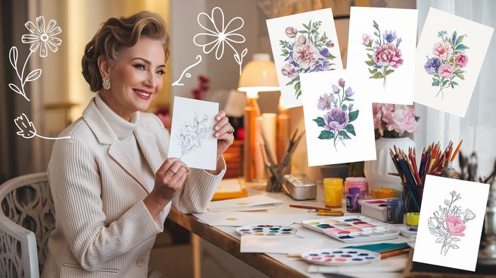 Woman creating personalized floral greeting card