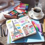 Open travel journal with sketch and art supplies