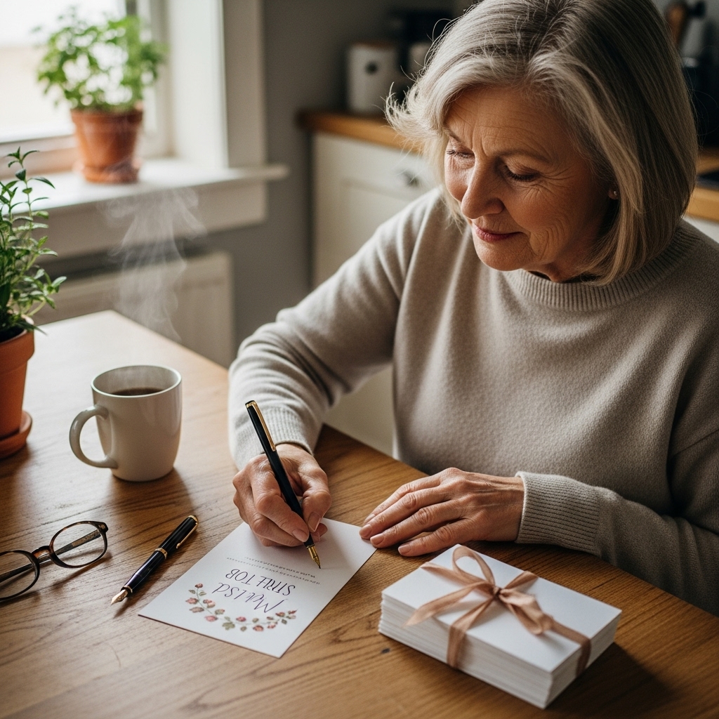 Helen writing at table