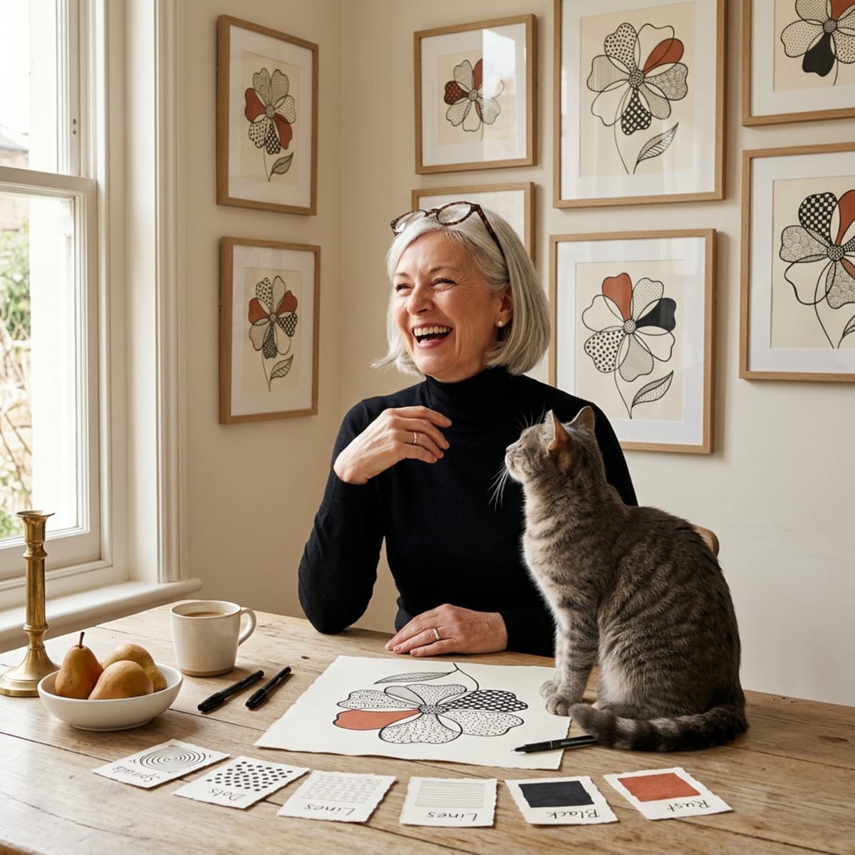 Silver-haired woman mid-laugh at her kitchen table with a finished zen-doodle flower, pattern cards laid out, mug of tea, gallery wall behind her.